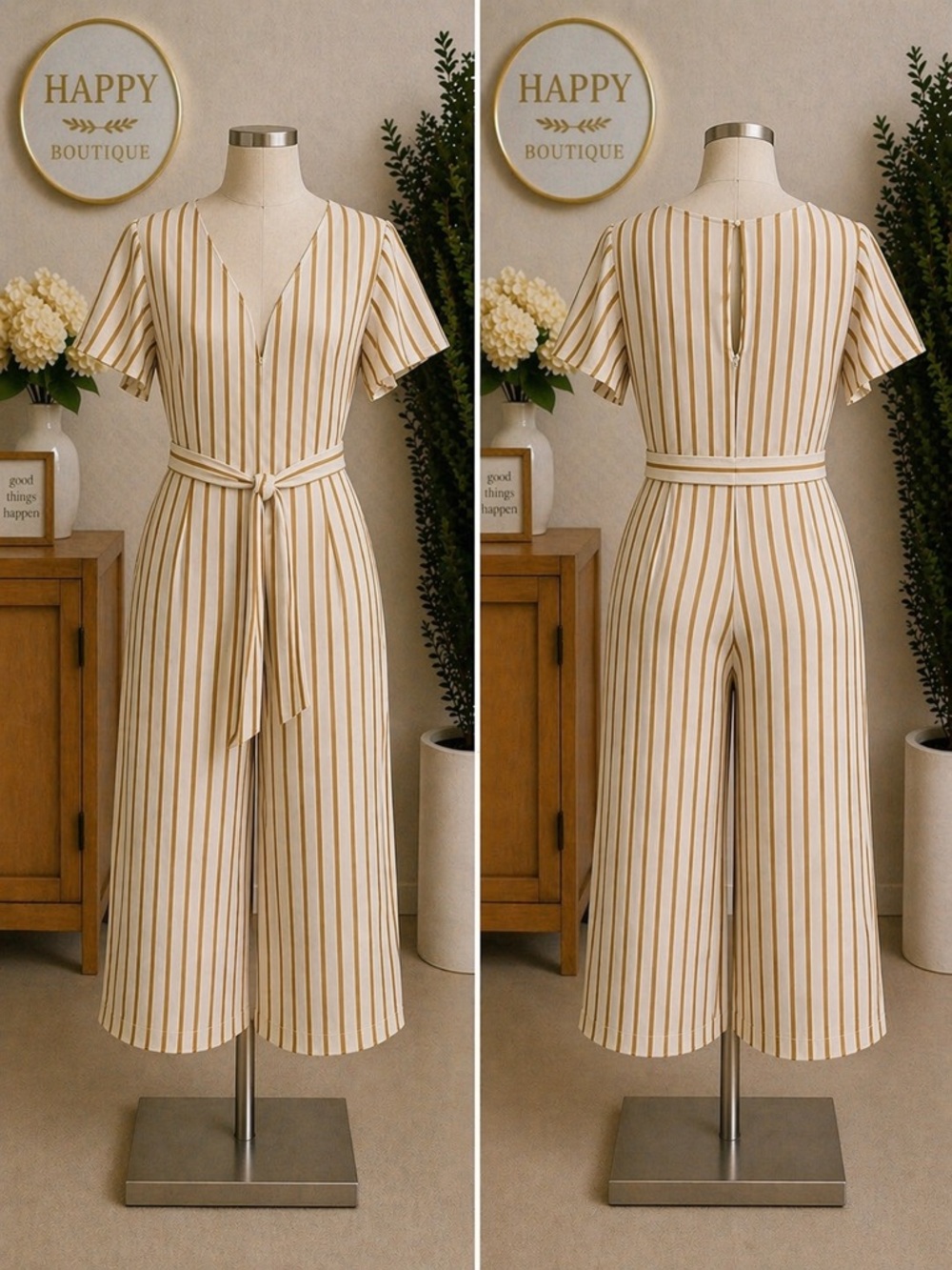 Striped V-Neck Wide-Leg Jumpsuit in Cream & Tan - Happy Boutique‎